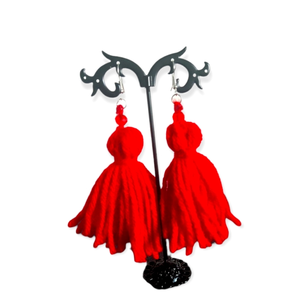 Yarn Tassel Earrings- Red
